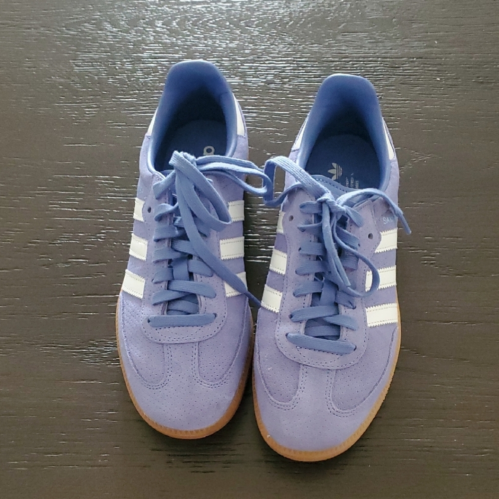 adidas Women's Lavender Suede Sneakers with White Stripes